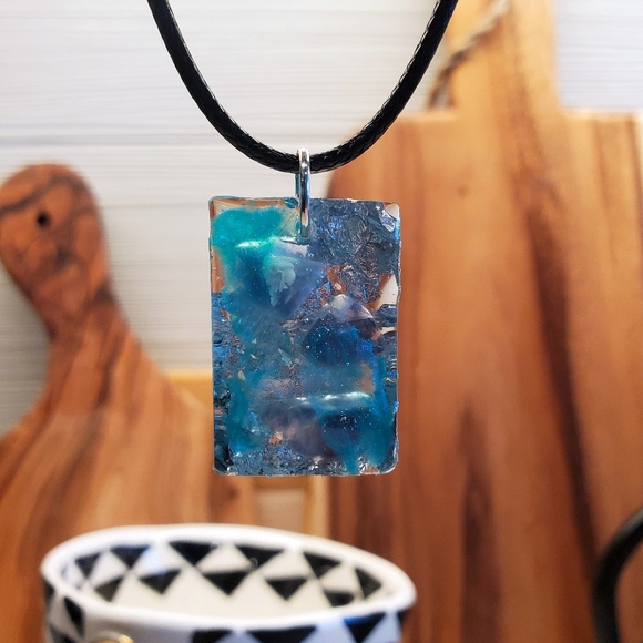 Fluorite Gemstone & Silver Leaf in Resin Necklace - Picture 7 of 8